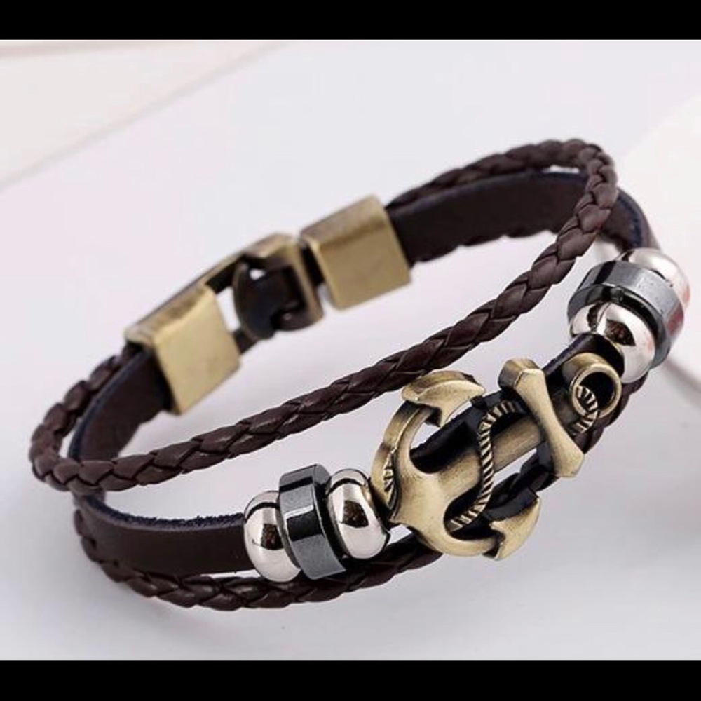 Brown Genuine Leather Wrap Anchor Bracelet AB1